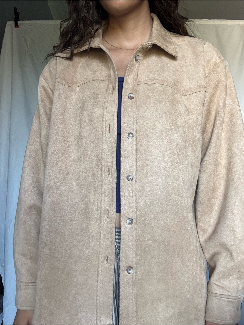 Beige Suede Fringe Button-Front Leather Jacket - Picture 2 of 6